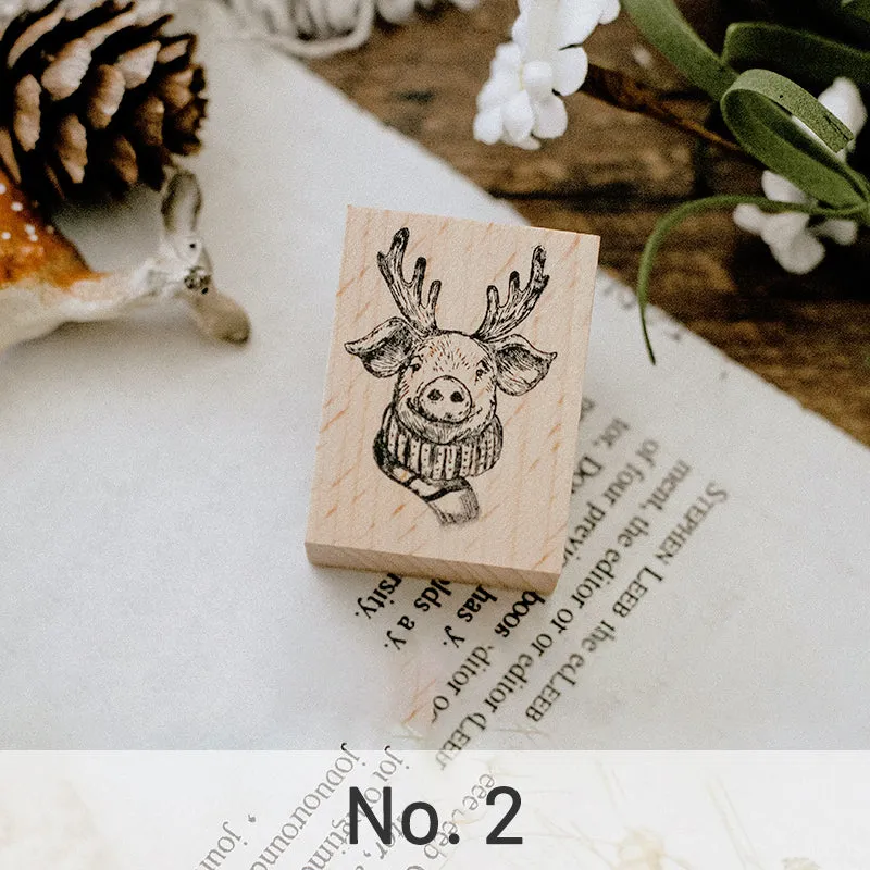 Cute Animals with Antler Wooden Rubber Stamp