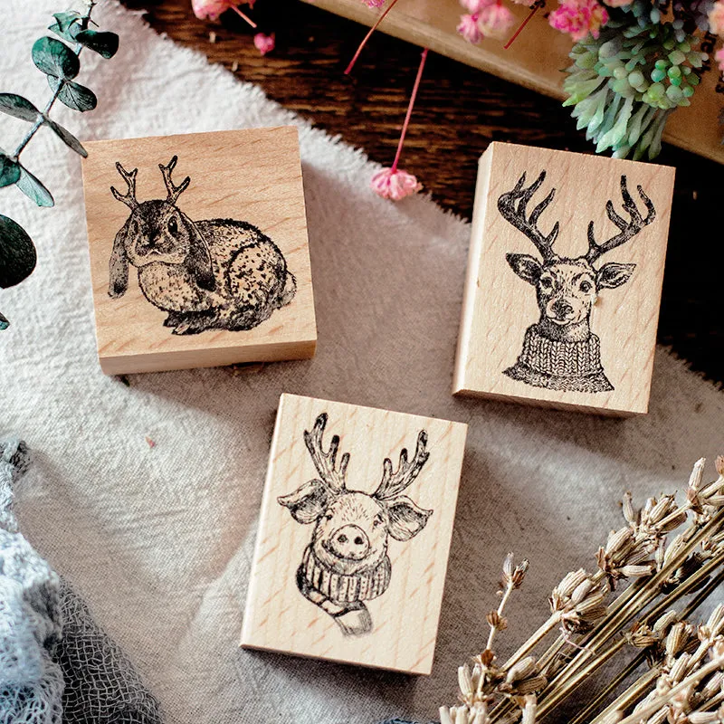 Cute Animals with Antler Wooden Rubber Stamp