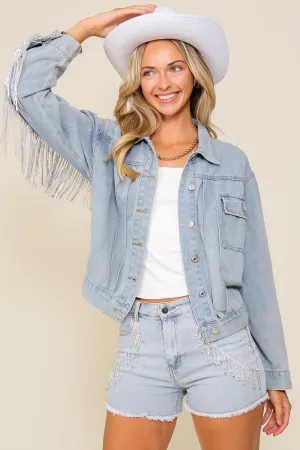 Denim Long Sleeve Sequin Fringe Jacket