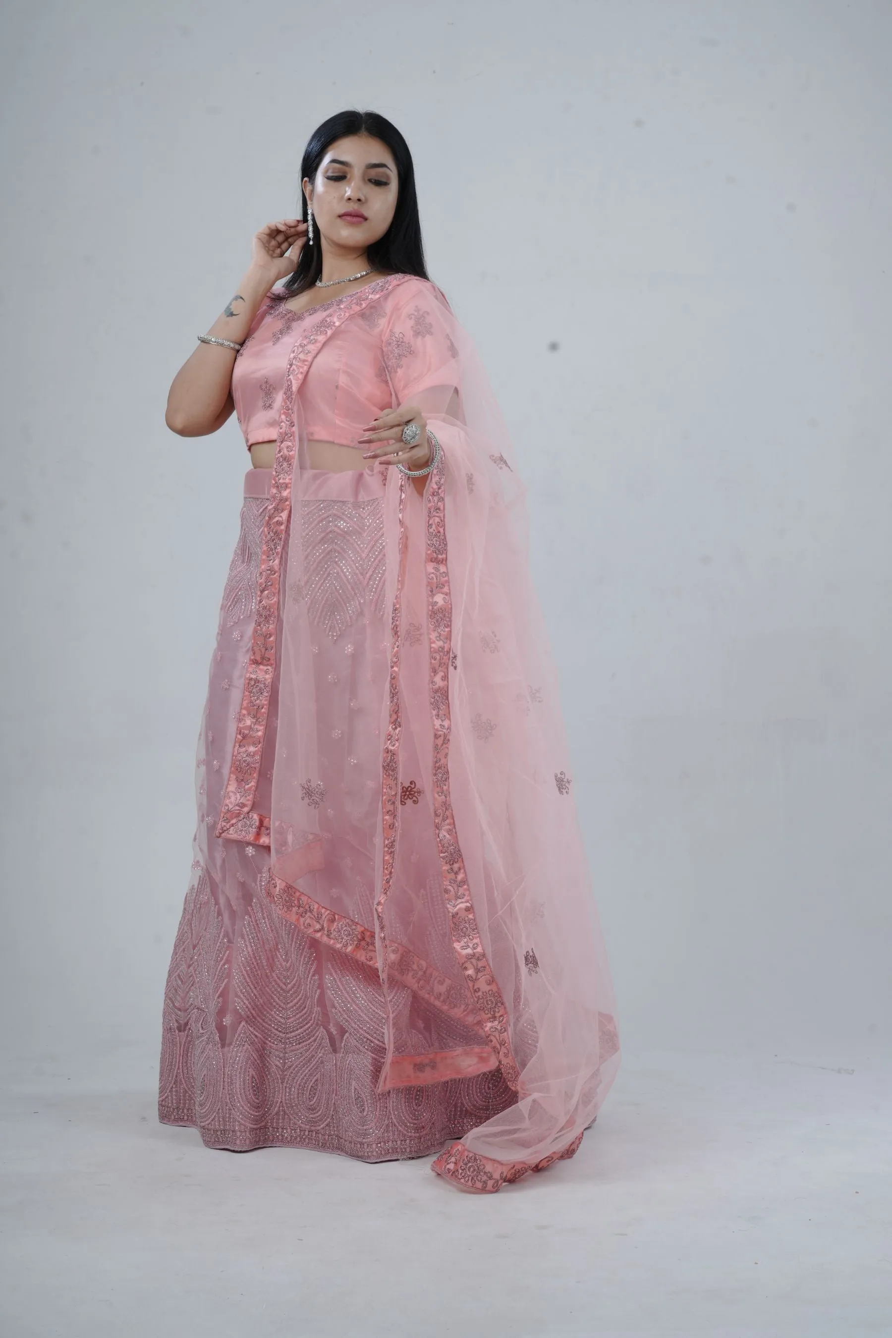 Elegant Soft-Net Lehenga Set with Sequins Embroidered Crop Top