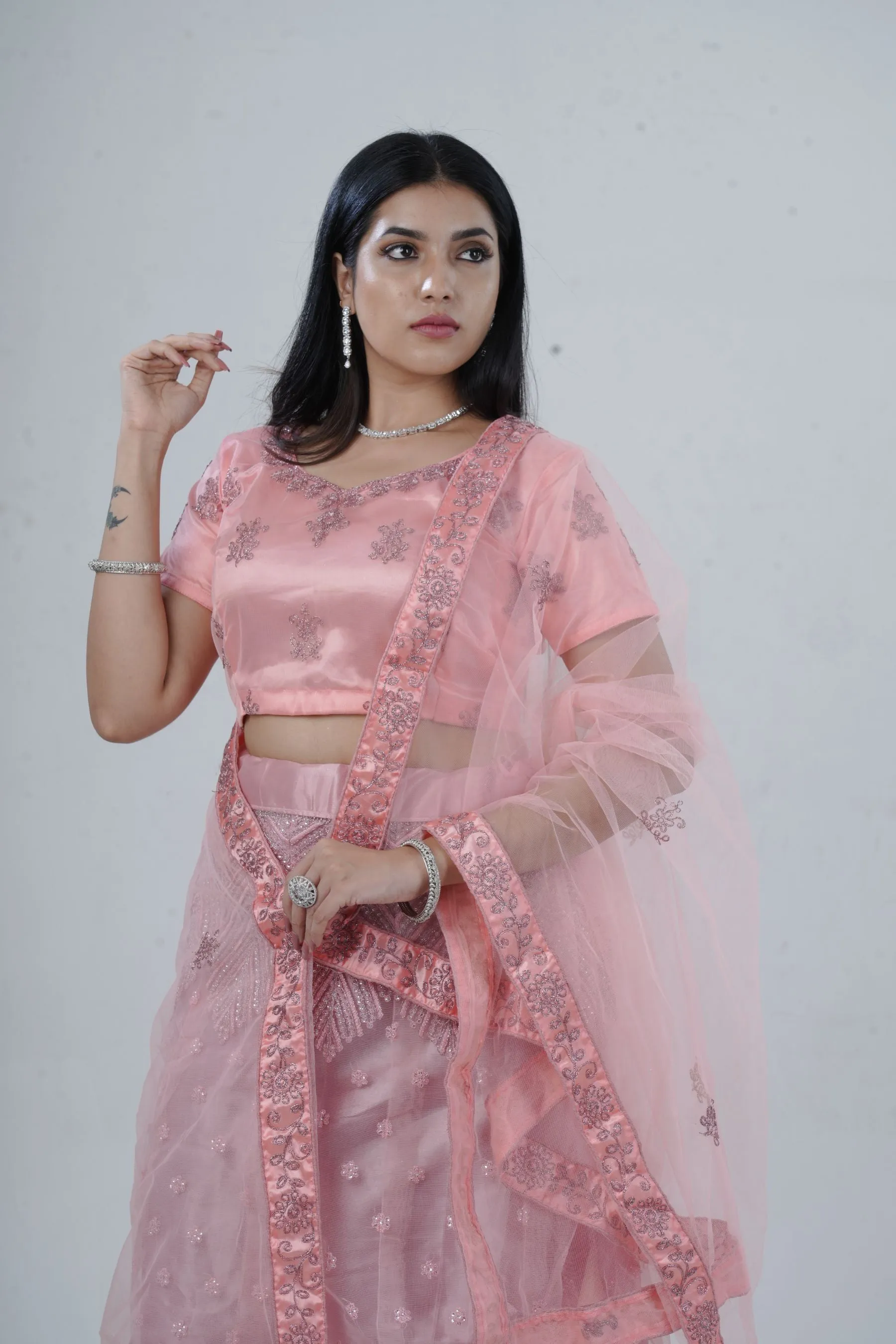Elegant Soft-Net Lehenga Set with Sequins Embroidered Crop Top