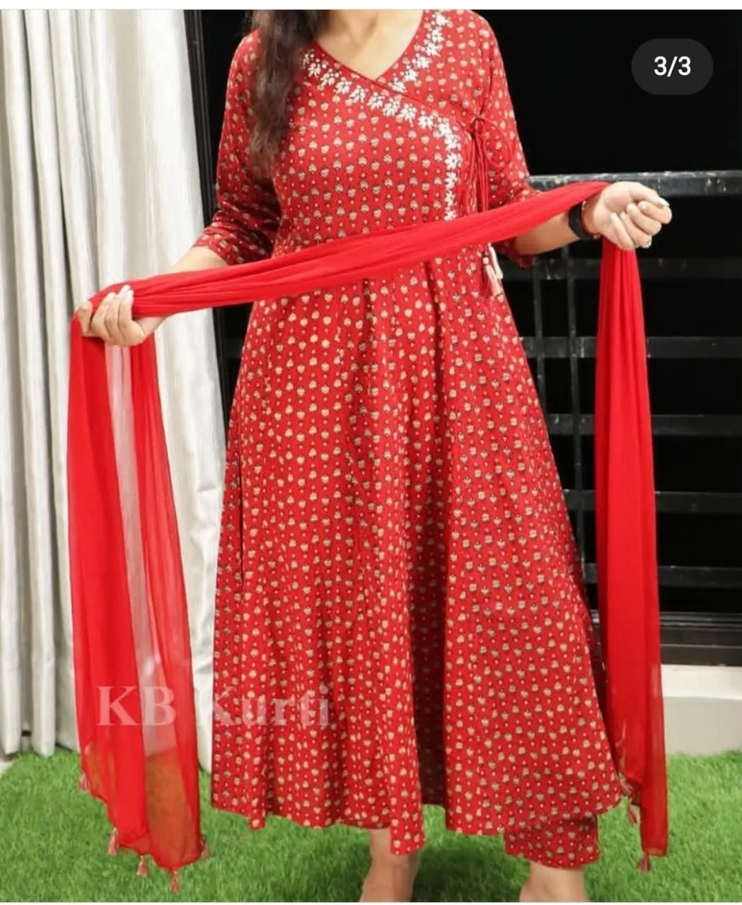 Embroidered Heavy Rayon Anarkali Kurti Pant Set with Chiffon Dupatta
