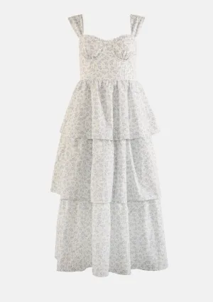 Embroidery Floral Ruffle Layered Wire Bone Midi Dress