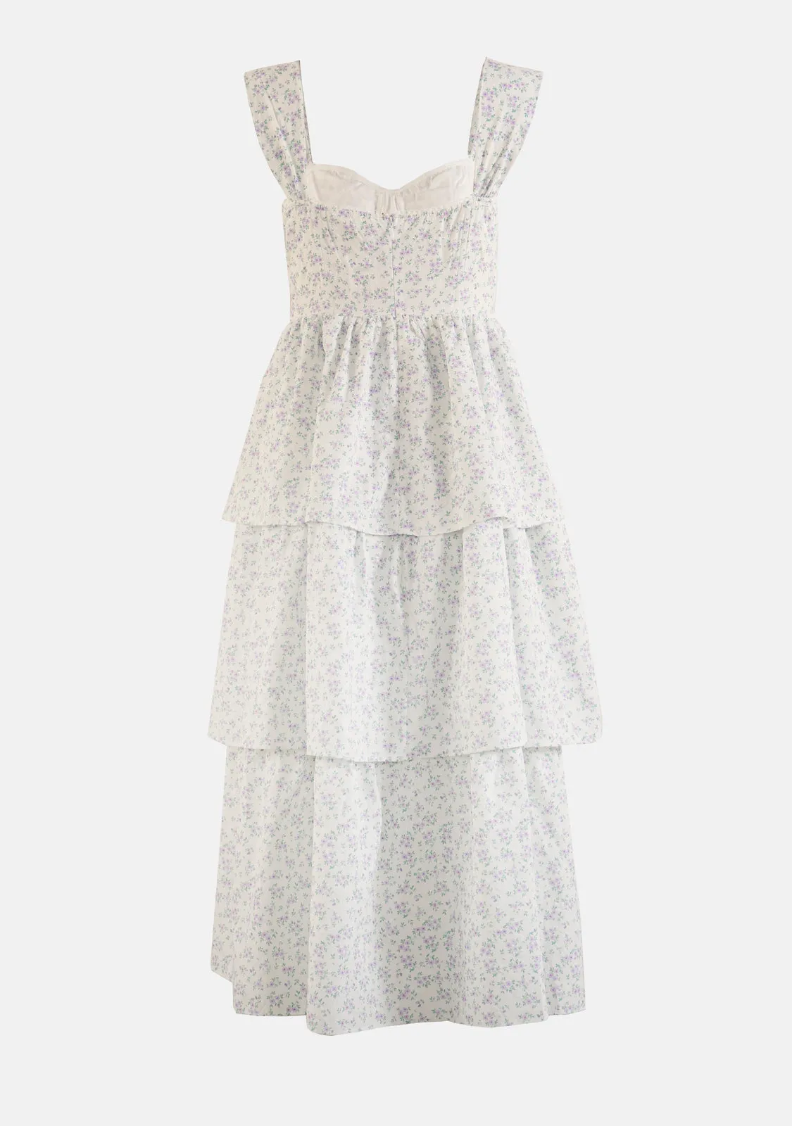 Embroidery Floral Ruffle Layered Wire Bone Midi Dress
