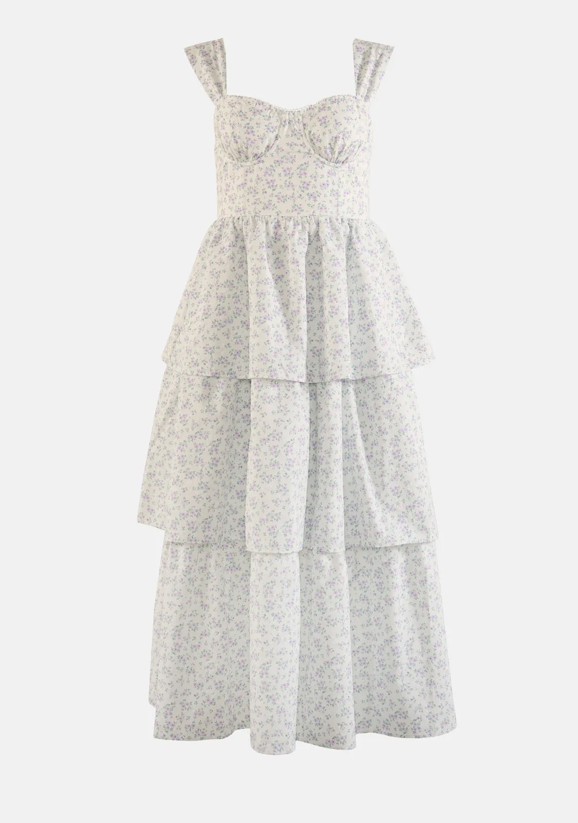 Embroidery Floral Ruffle Layered Wire Bone Midi Dress
