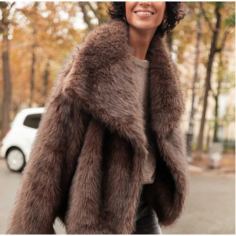Faux Fur Lapel Fluffy Plush Warm Coat