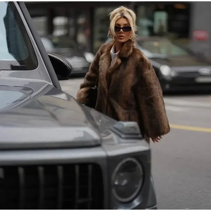 Faux Fur Lapel Fluffy Plush Warm Coat