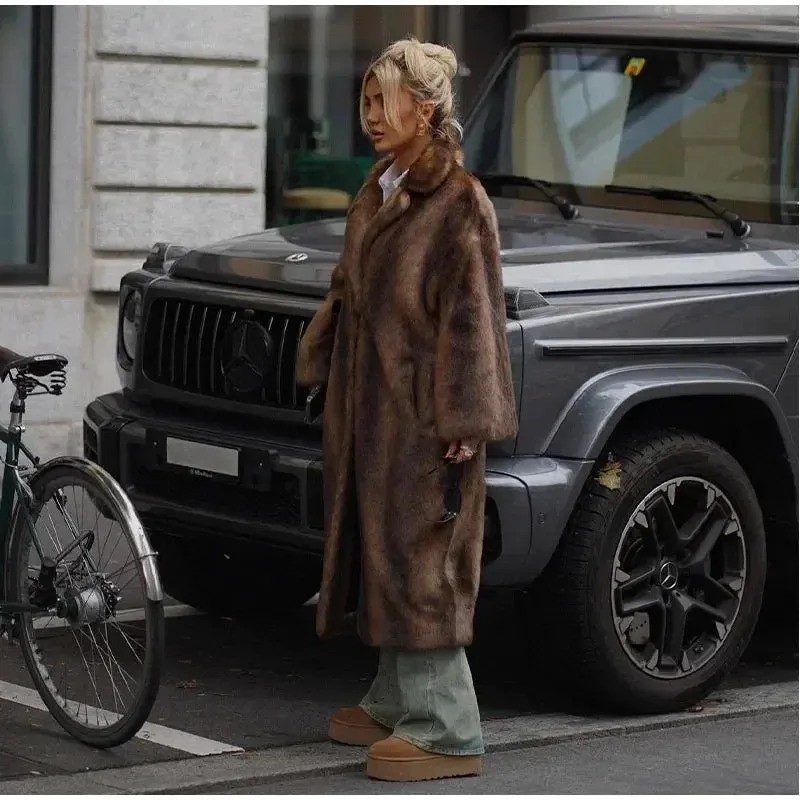 Faux Fur Lapel Fluffy Plush Warm Coat