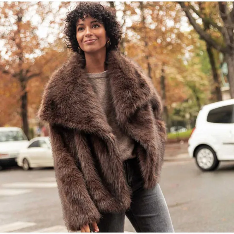 Faux Fur Lapel Fluffy Plush Warm Coat