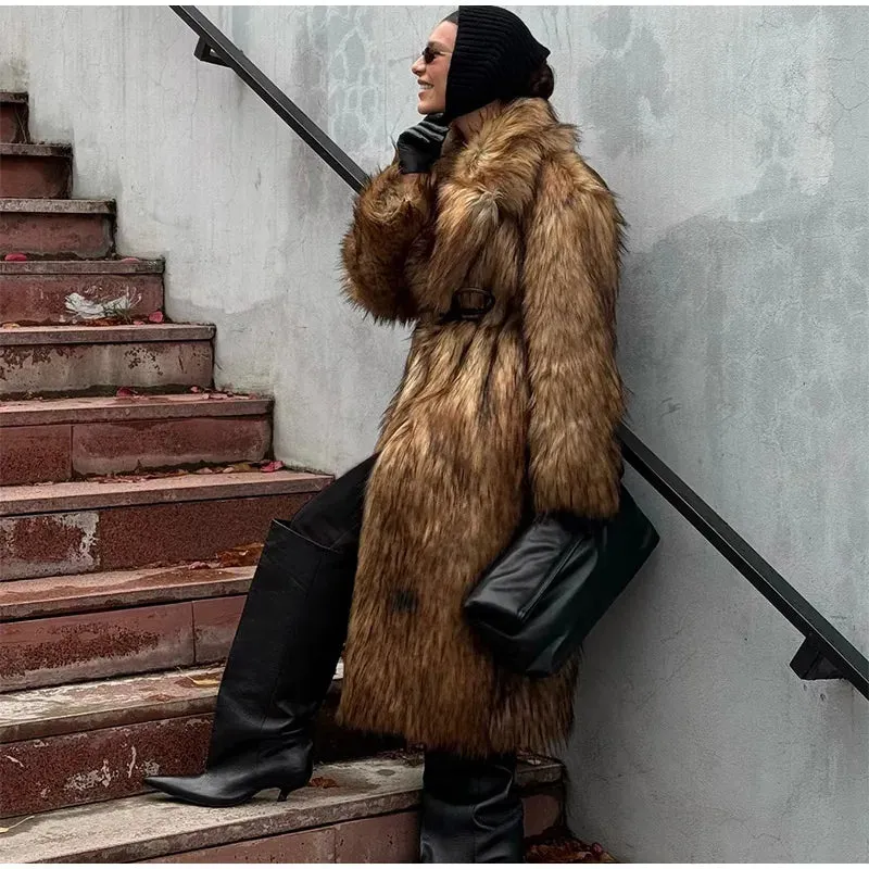 Faux Fur Lapel Fluffy Plush Warm Coat