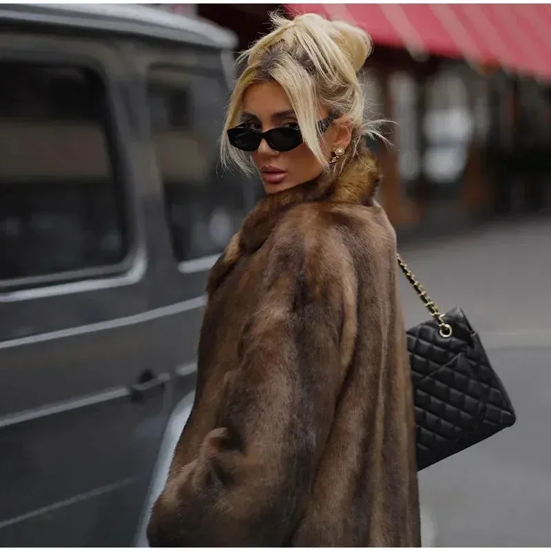 Faux Fur Lapel Fluffy Plush Warm Coat