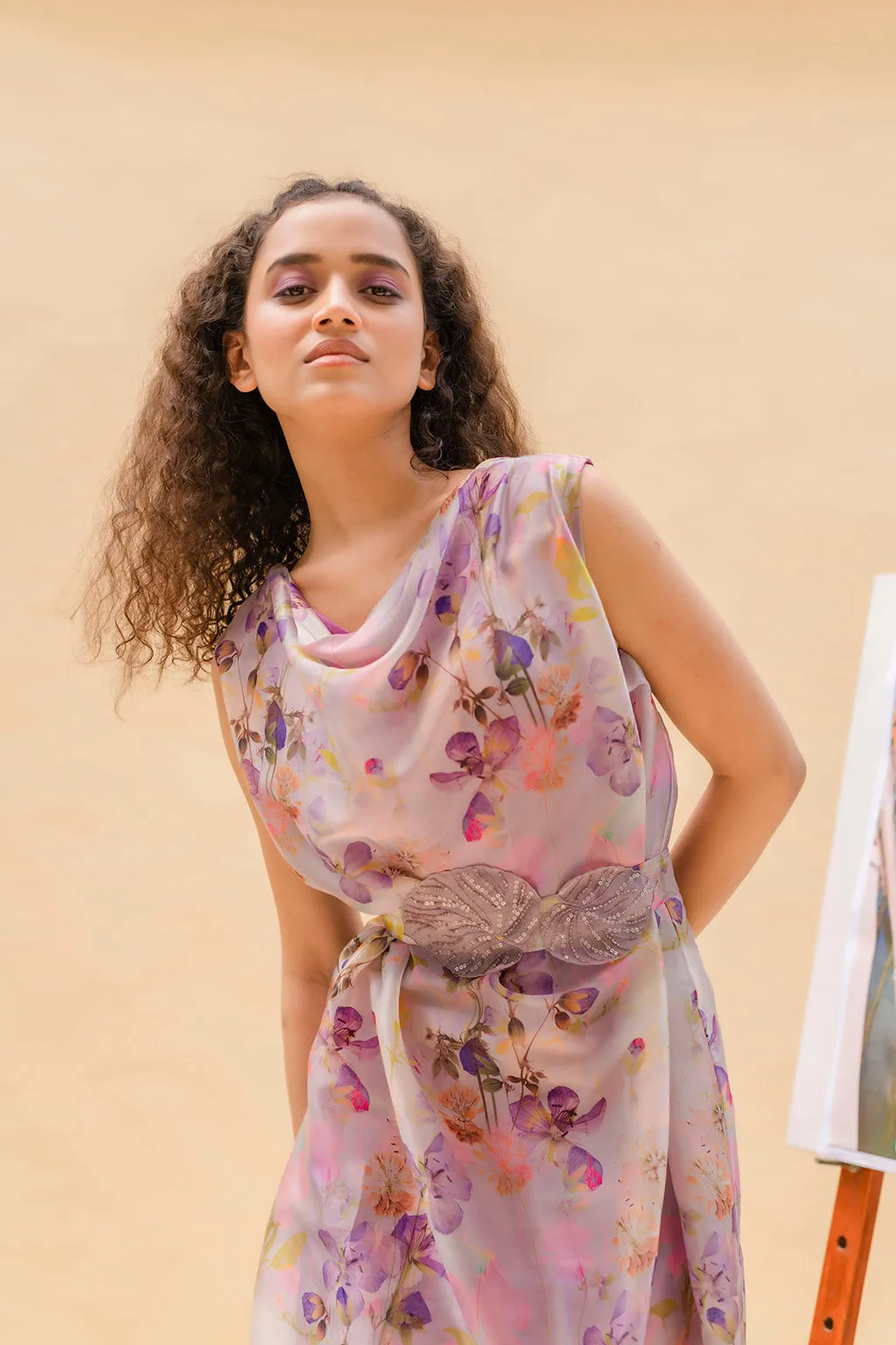 Floral printed drape dress