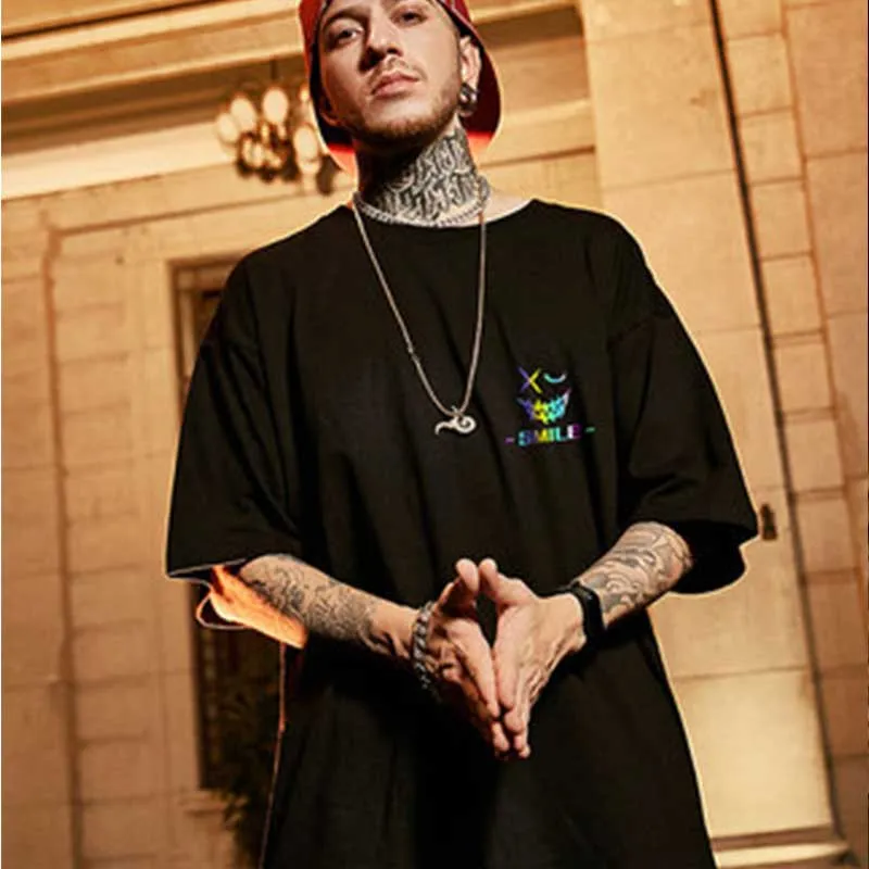 Hip Hop Smiley Rainbow Printed Oversized T-Shirt