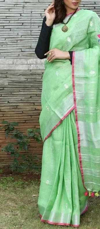 Intricate Light Green Colored Festive Wear Linen Saree