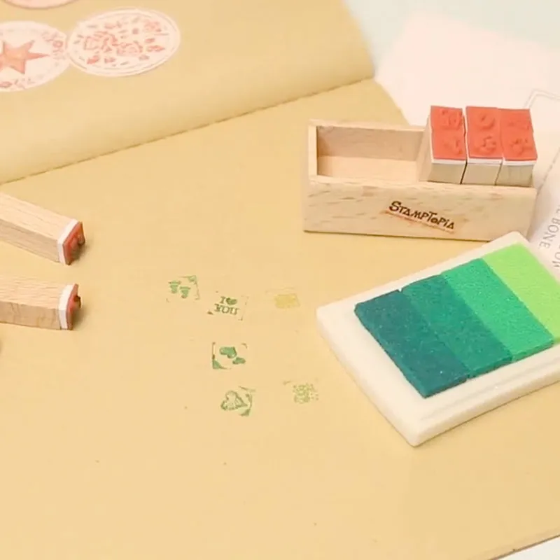 Joyfill Diary Wooden Boxed Retro Cute Small Rubber Stamp Set