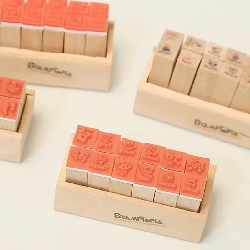 Joyfill Diary Wooden Boxed Retro Cute Small Rubber Stamp Set