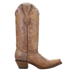 LD Brown Embroidered Floral Snip Toe Cowboy Boots