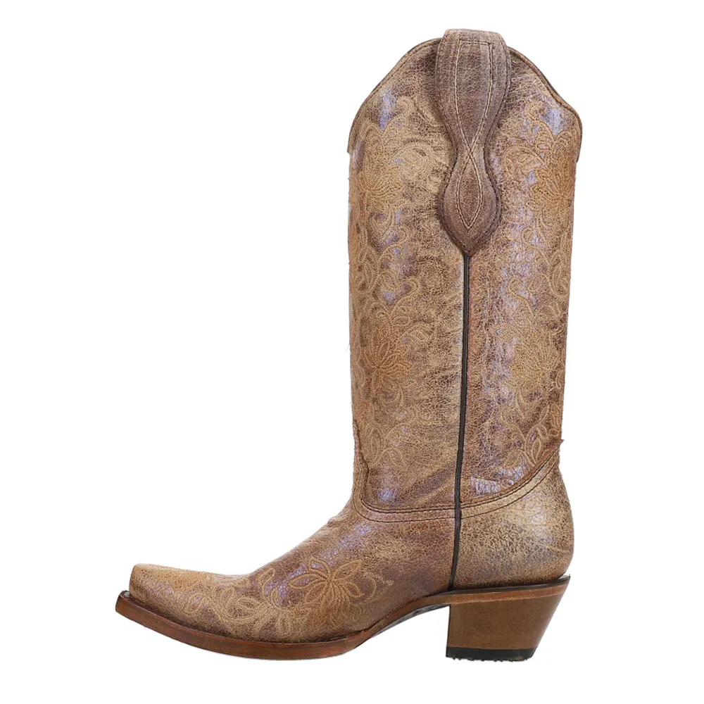 LD Brown Embroidered Floral Snip Toe Cowboy Boots