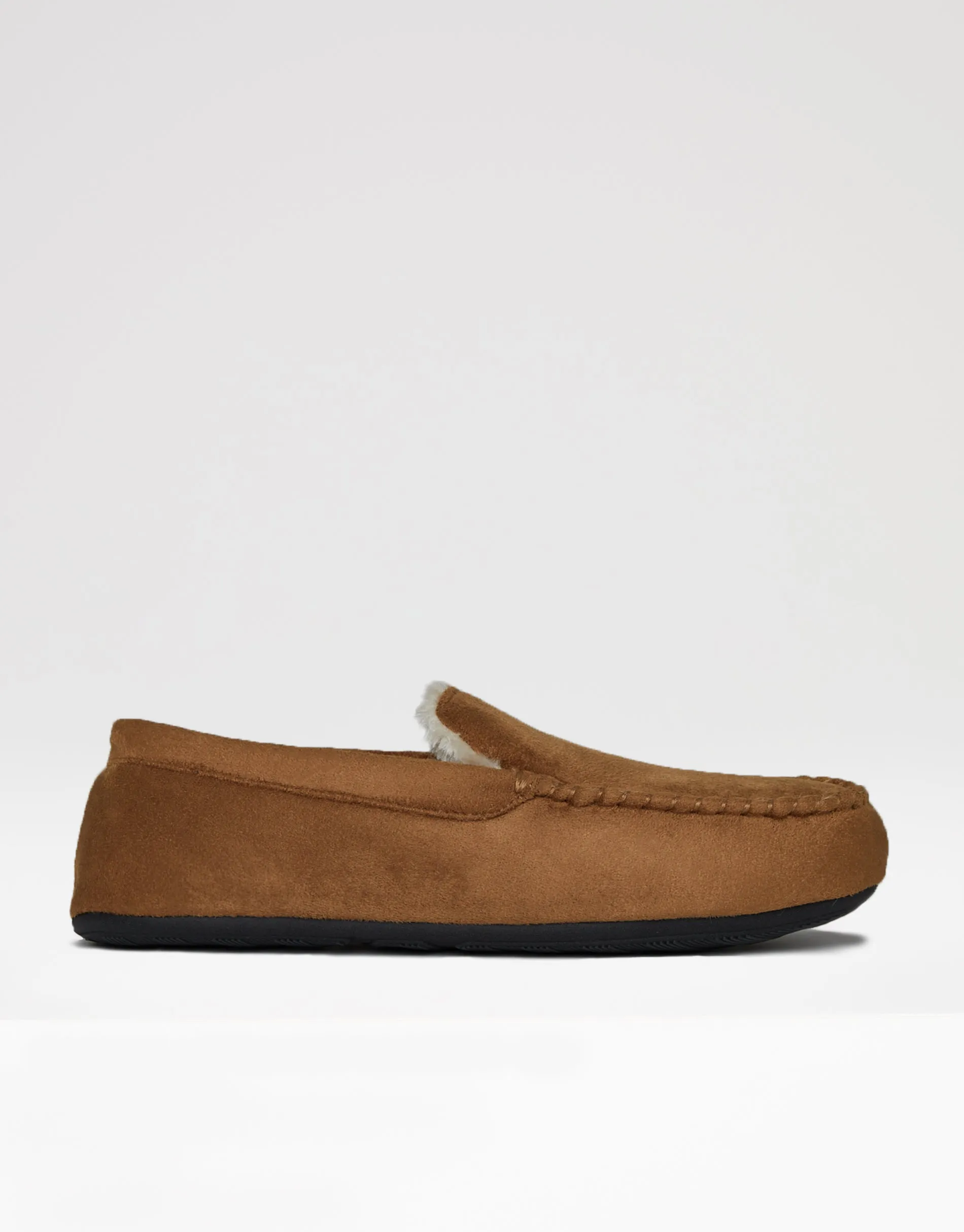 Men's Tan Suedette Moccasin Slippers with Faux Fur Lining