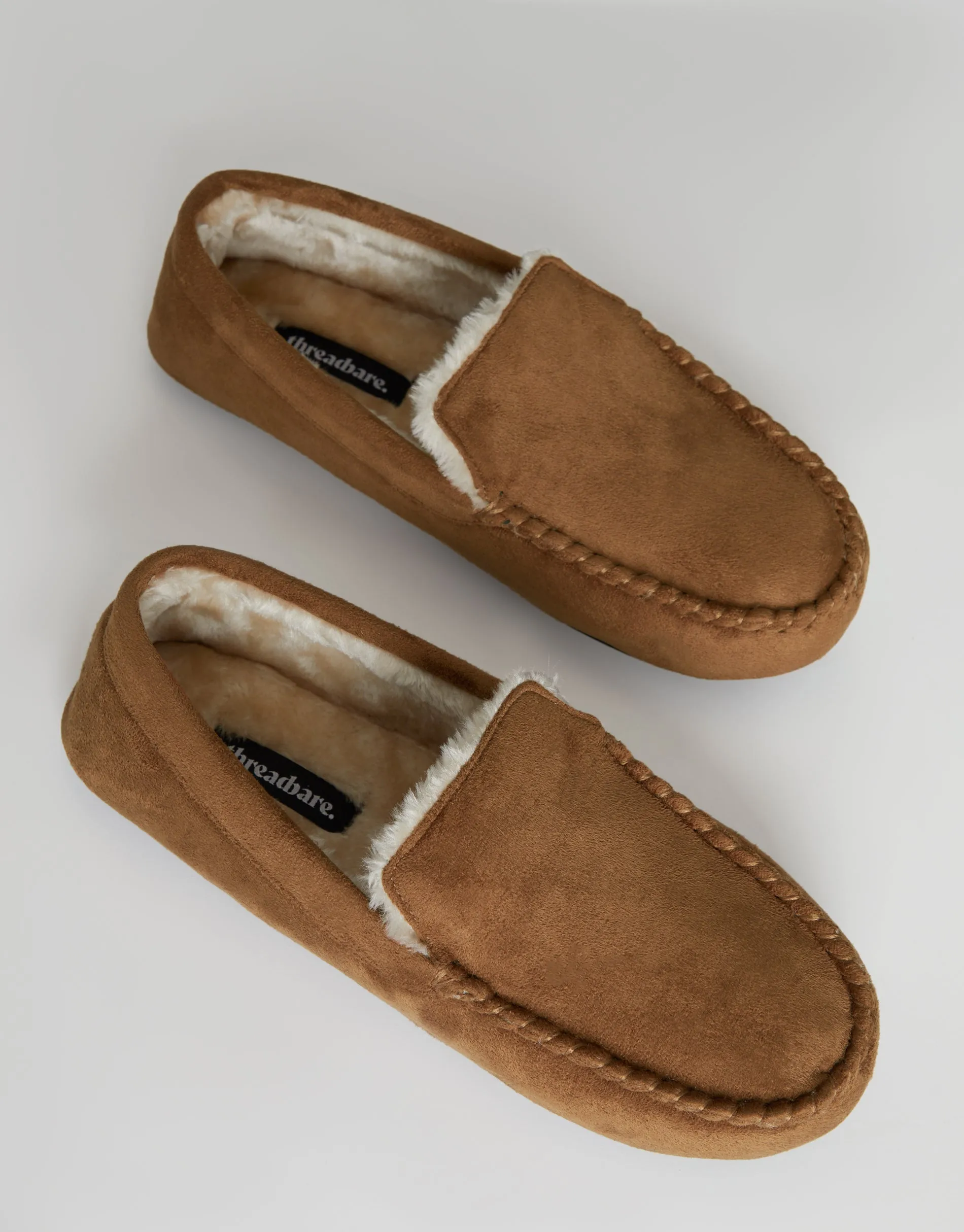 Men's Tan Suedette Moccasin Slippers with Faux Fur Lining