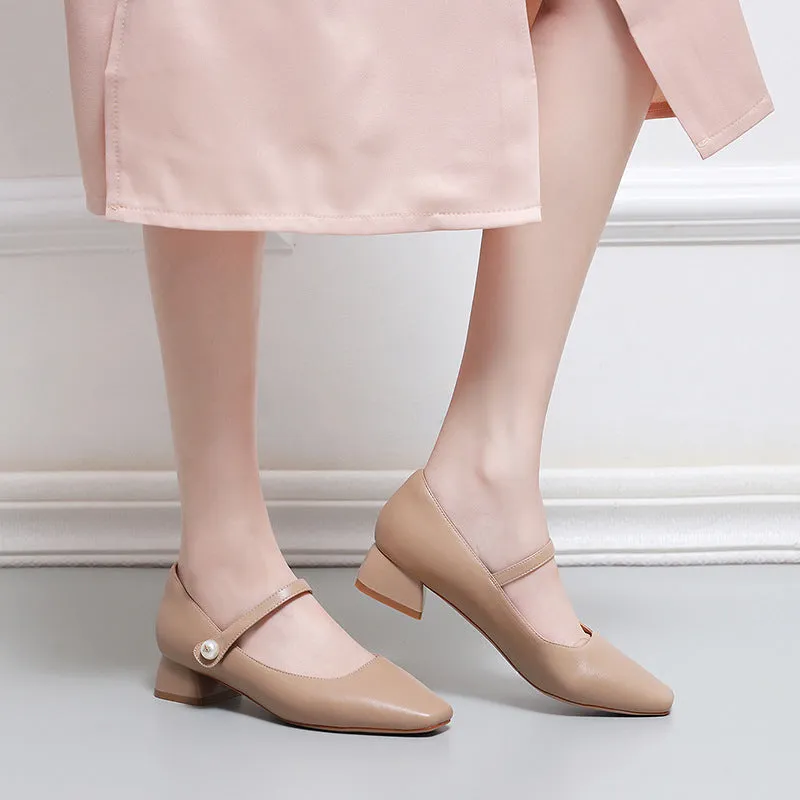 Nude Block Heels Closed Toe Chunky Heel Pumps Spring Concise