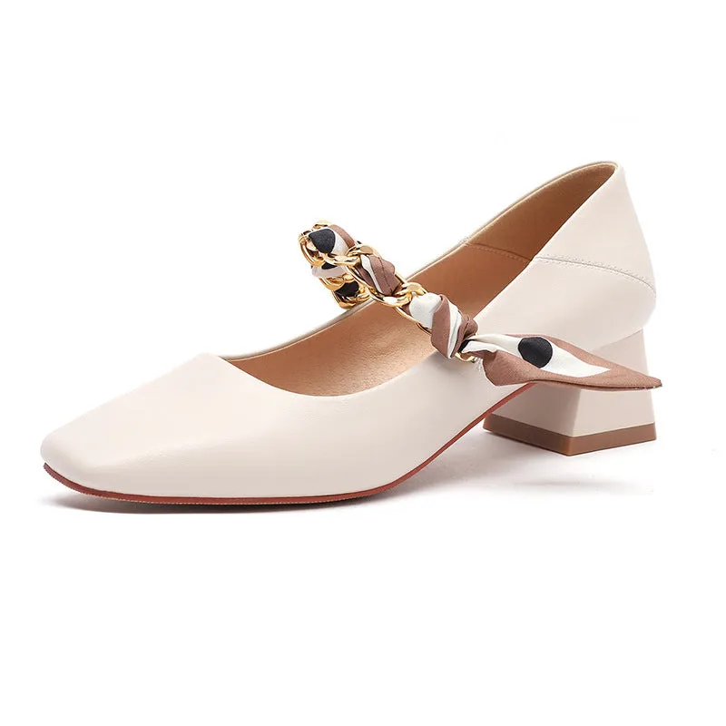 Nude Block Heels Closed Toe Female Spring Shoes Sheep Pattern Metal Chain