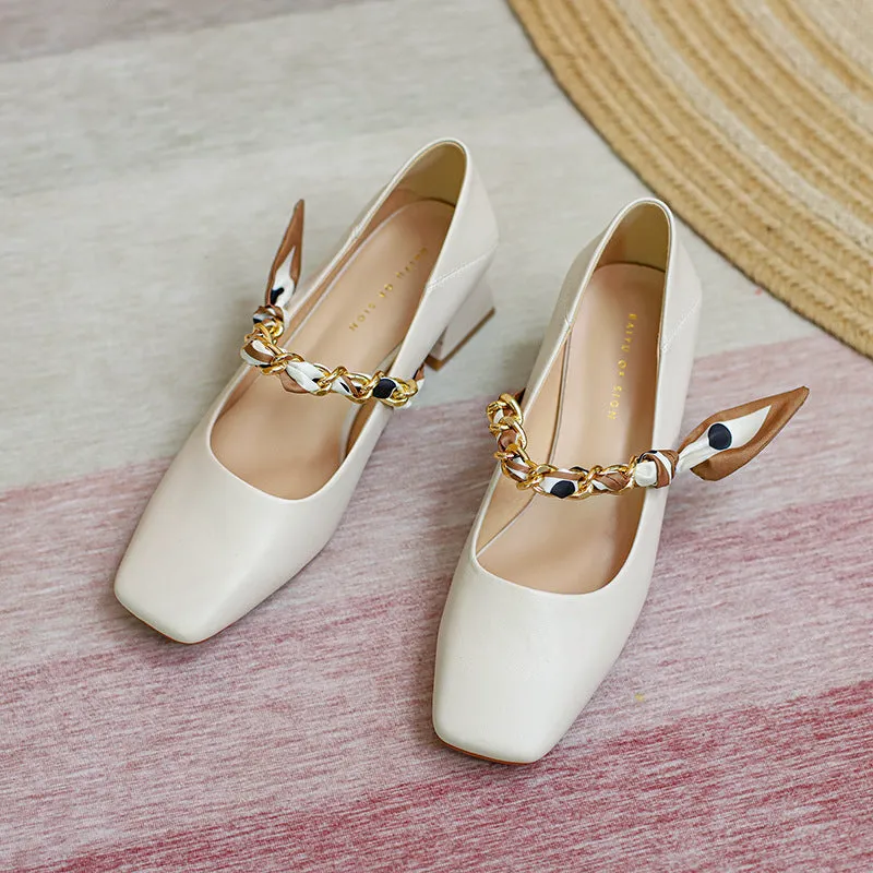 Nude Block Heels Closed Toe Female Spring Shoes Sheep Pattern Metal Chain