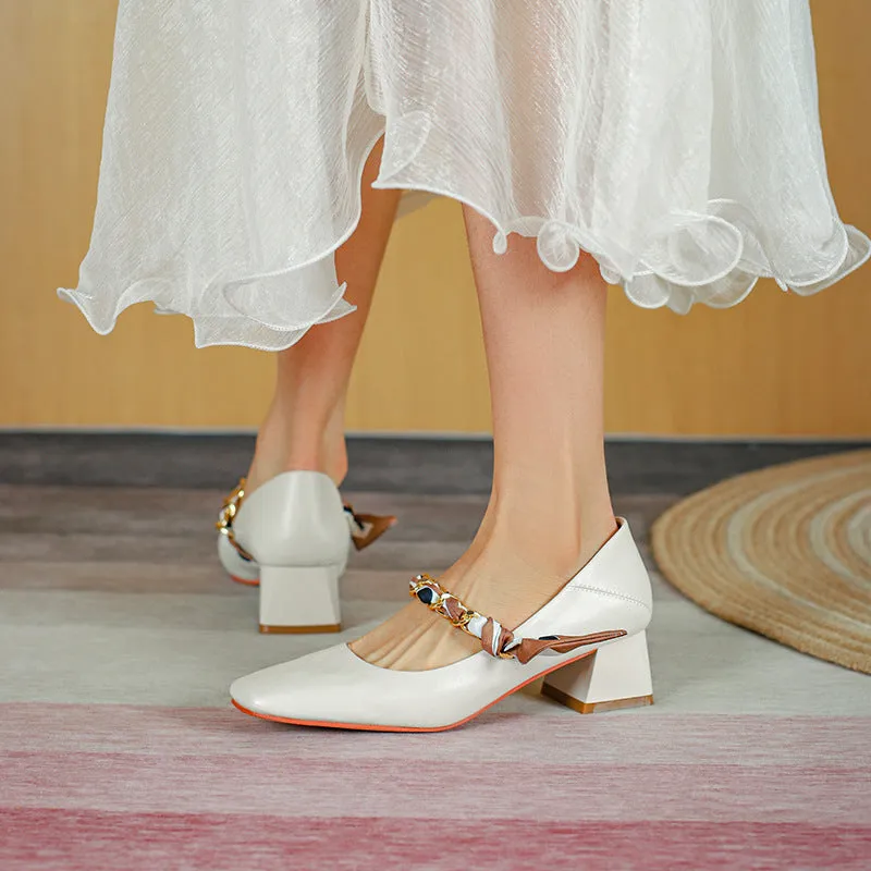 Nude Block Heels Closed Toe Female Spring Shoes Sheep Pattern Metal Chain