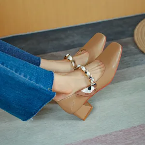 Nude Block Heels Closed Toe Female Spring Shoes Sheep Pattern Metal Chain