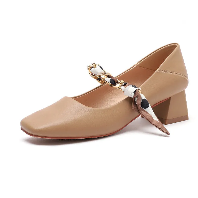 Nude Block Heels Closed Toe Female Spring Shoes Sheep Pattern Metal Chain