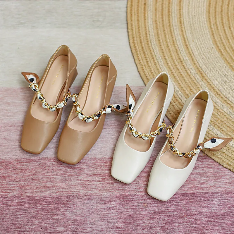 Nude Block Heels Closed Toe Female Spring Shoes Sheep Pattern Metal Chain