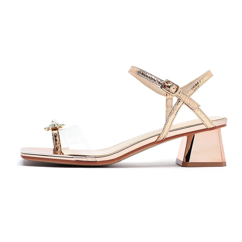 Nude Block Heels Closed Toe Sandals Summer High Heels Open Toe Casual Fashion