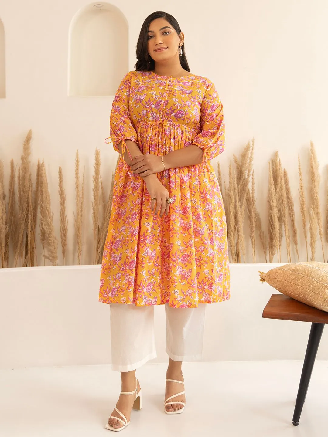 Orange Cotton Floral Printed Floral Printed Kurta
