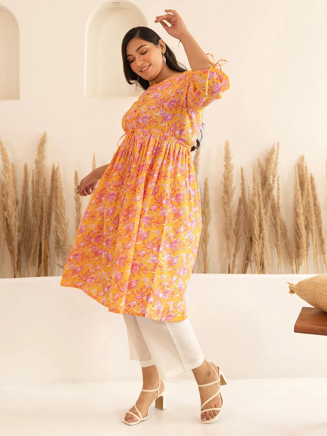 Orange Cotton Floral Printed Floral Printed Kurta
