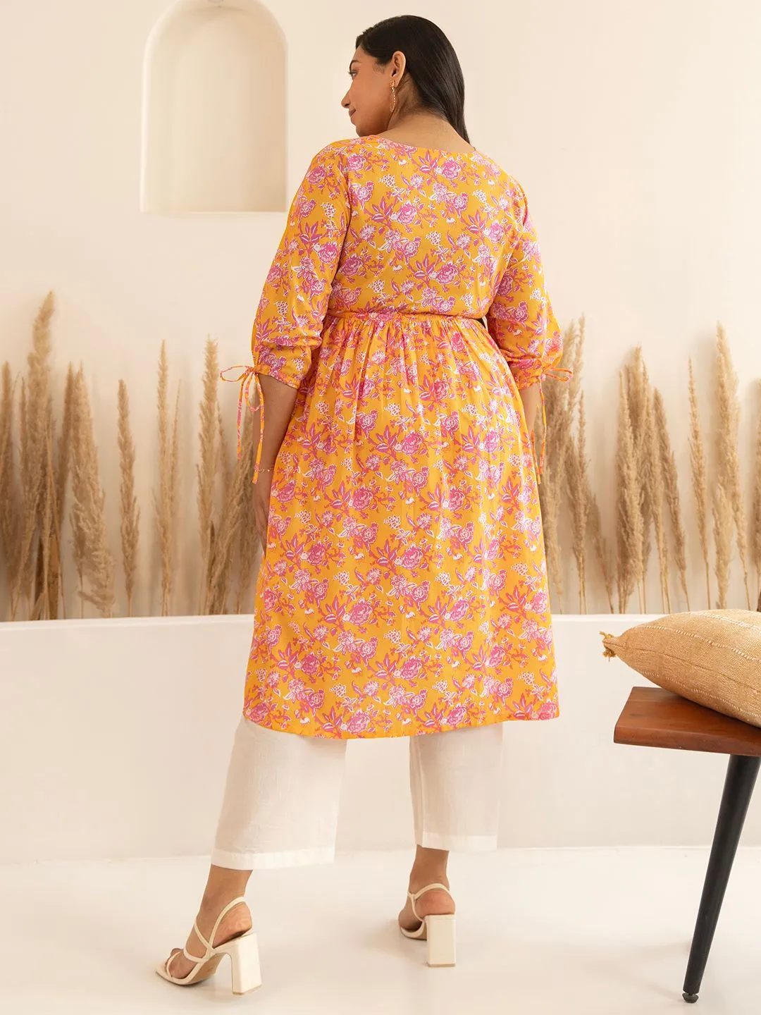 Orange Cotton Floral Printed Floral Printed Kurta