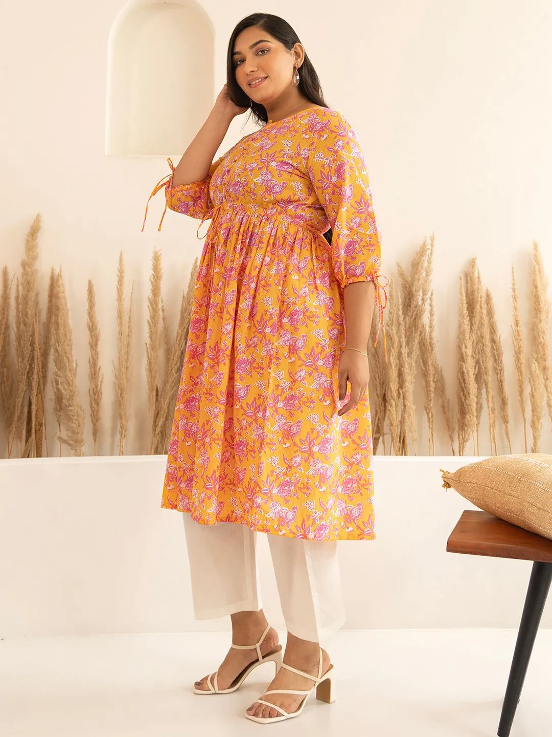 Orange Cotton Floral Printed Floral Printed Kurta