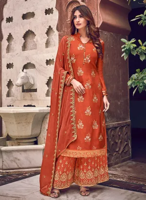 Orange Designer Embroidered Palazzo Suit
