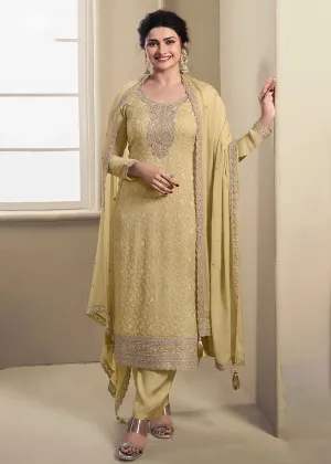 Pale Yellow Schiffli Embroidered Organza Designer Straight Suit