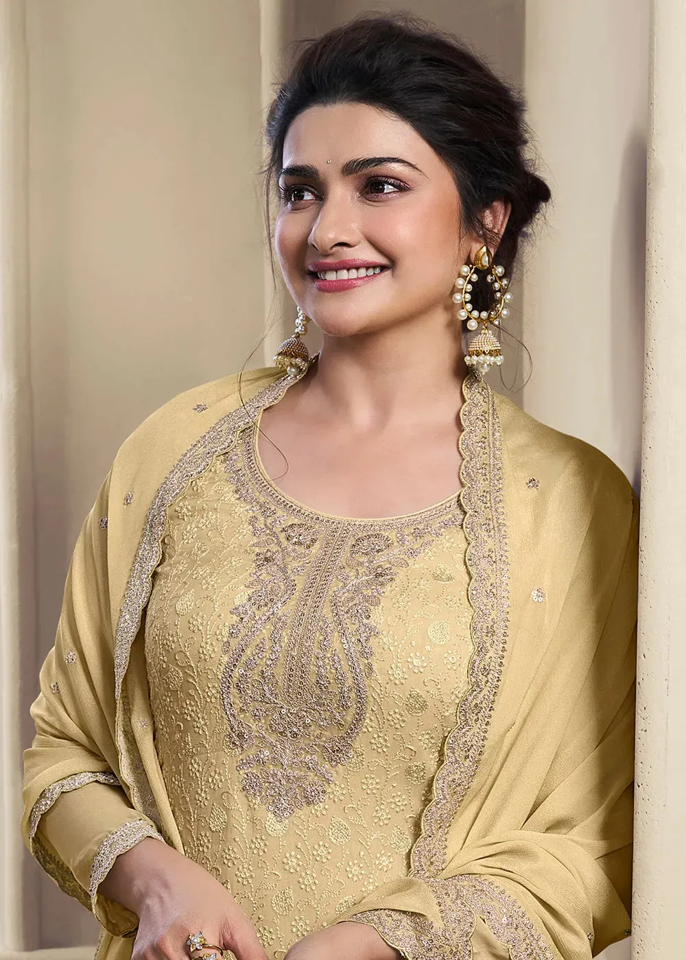 Pale Yellow Schiffli Embroidered Organza Designer Straight Suit
