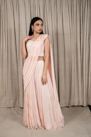 Pastel Peach Embroidered Draped Saree Sharara Set