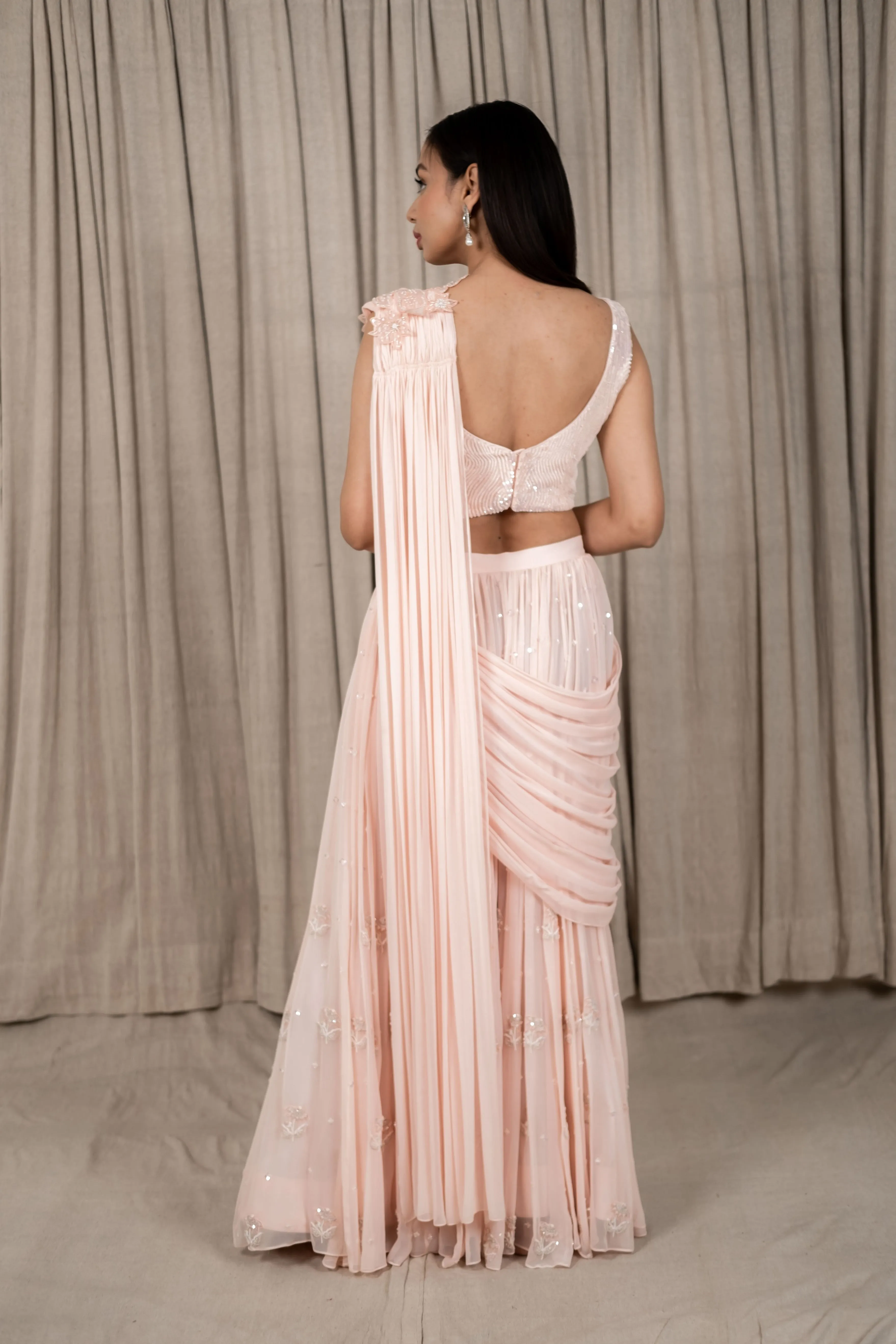 Pastel Peach Embroidered Draped Saree Sharara Set