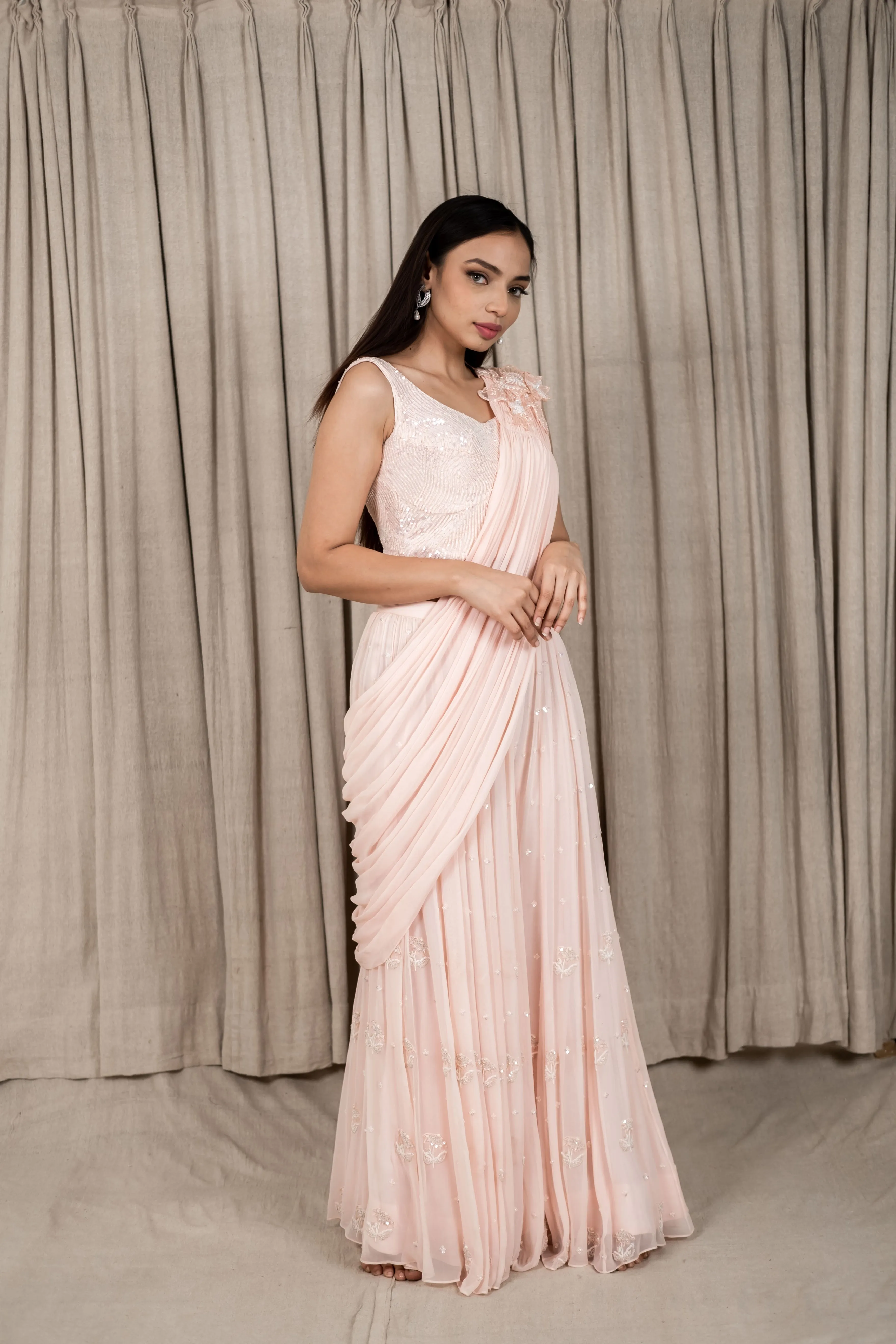 Pastel Peach Embroidered Draped Saree Sharara Set