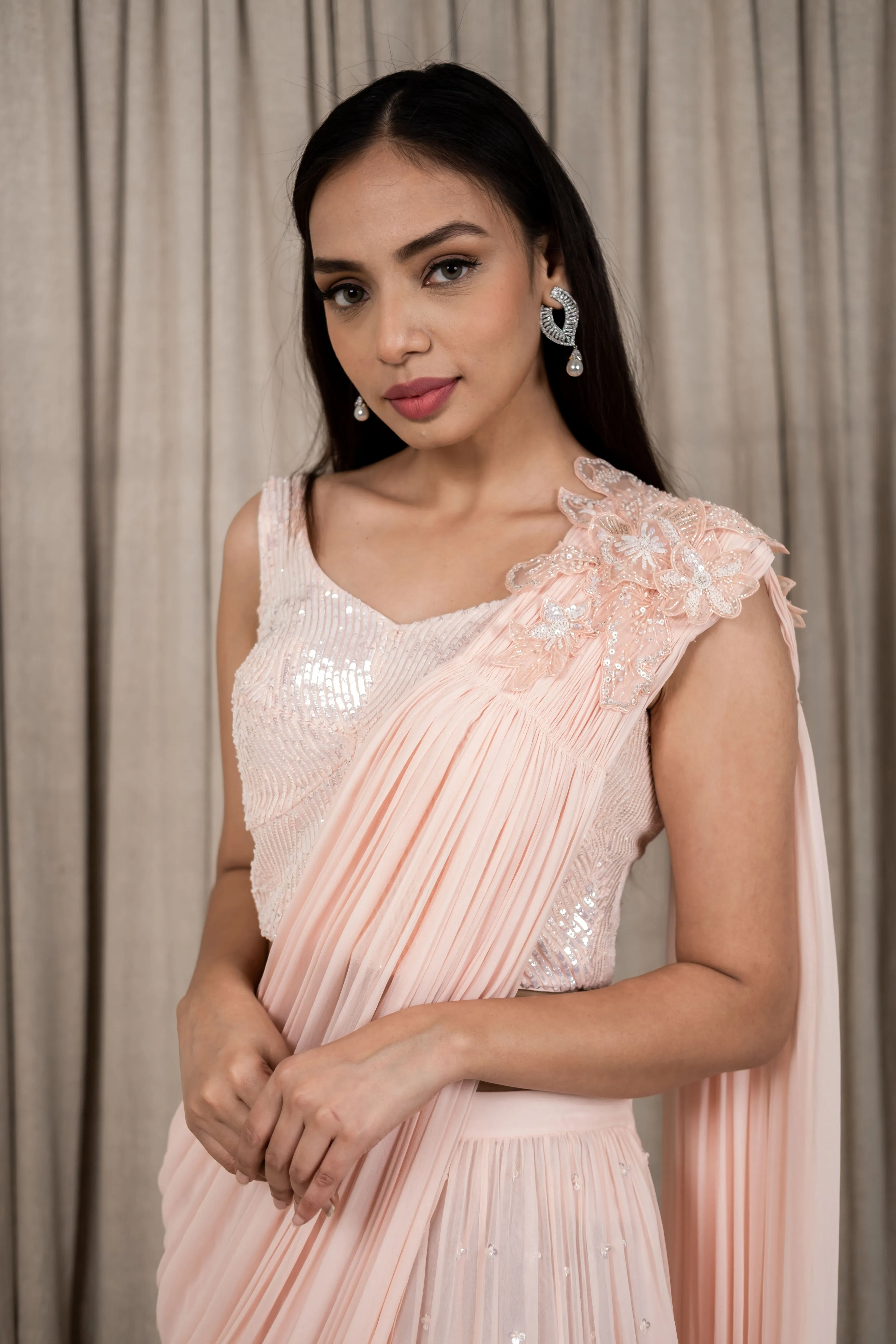 Pastel Peach Embroidered Draped Saree Sharara Set