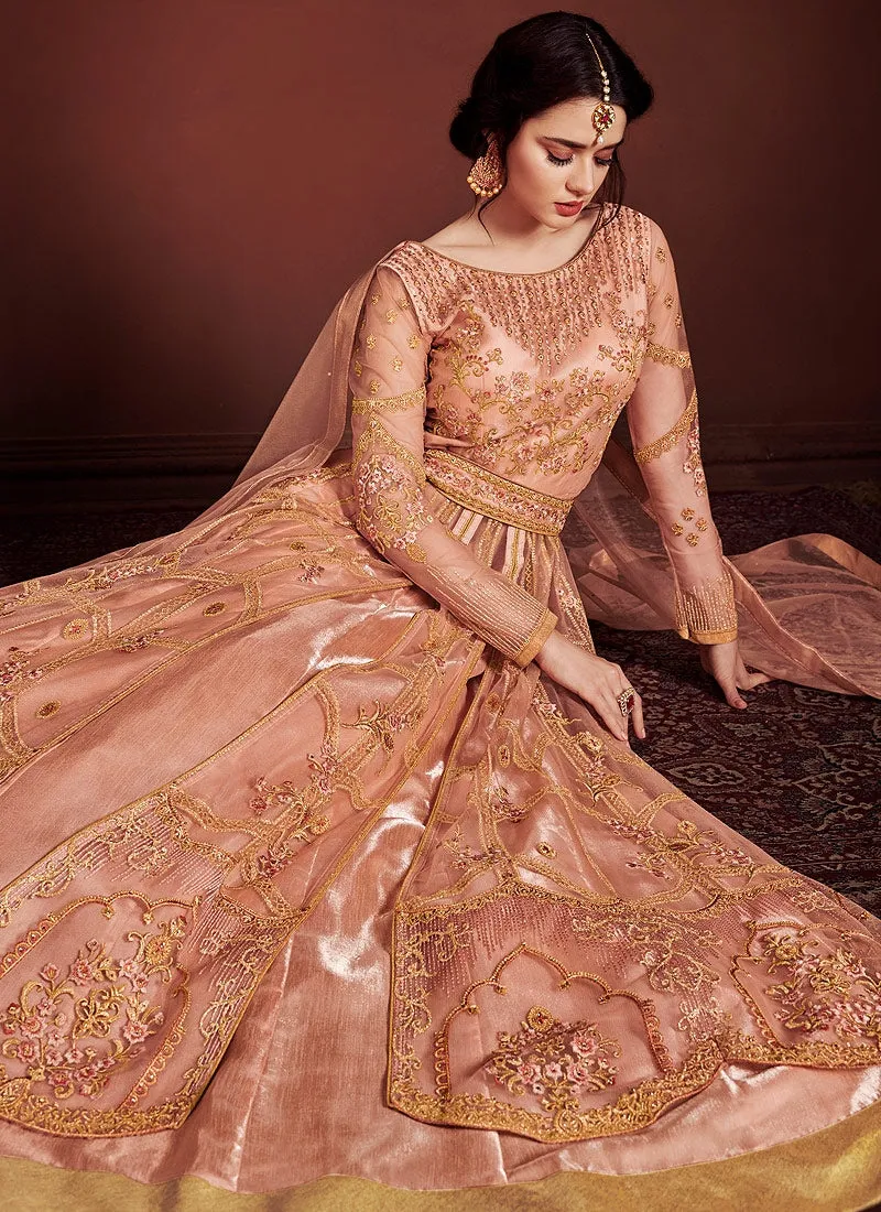 Peach Golden Fully Embroidered Anarkali Lehenga Suit
