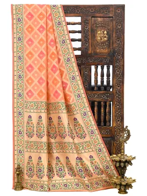 Peach Pink Paithani Rangkat Khaddi Georgette Handloom Banarasi Saree
