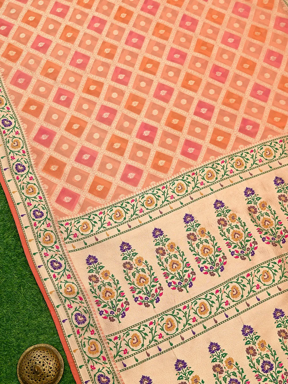 Peach Pink Paithani Rangkat Khaddi Georgette Handloom Banarasi Saree