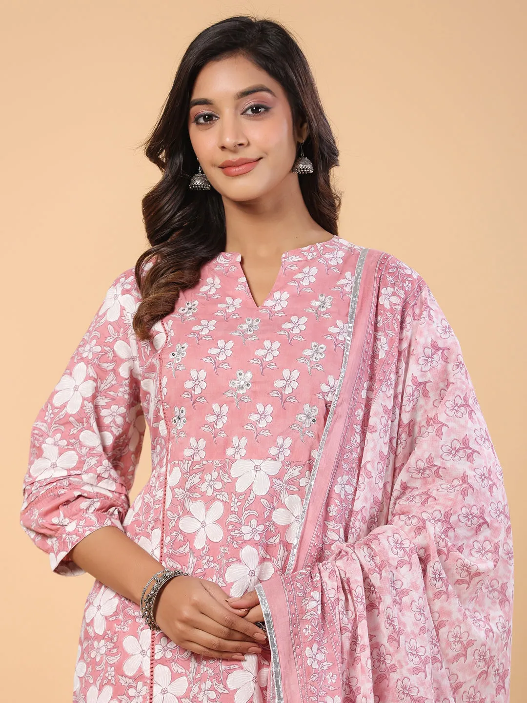 Pink Pure Cotton Floral Print Zari Work Straight Kurta Pant Dupatta Set