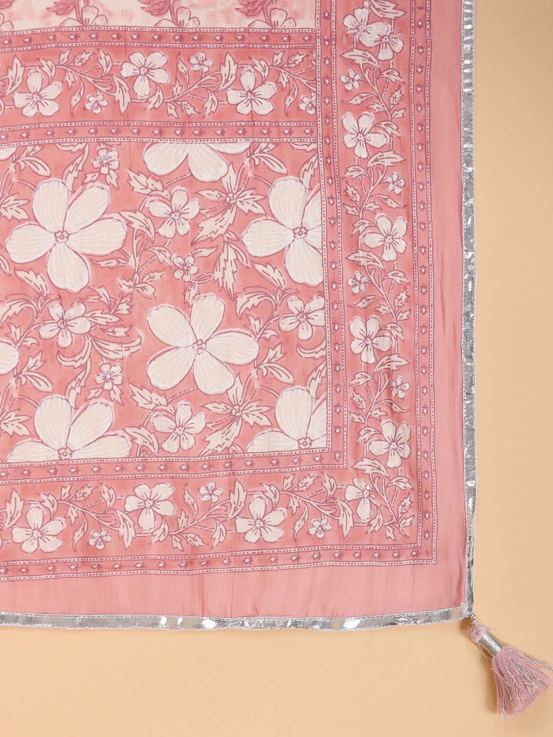 Pink Pure Cotton Floral Print Zari Work Straight Kurta Pant Dupatta Set