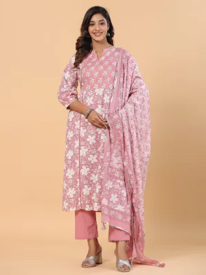 Pink Pure Cotton Floral Print Zari Work Straight Kurta Pant Dupatta Set