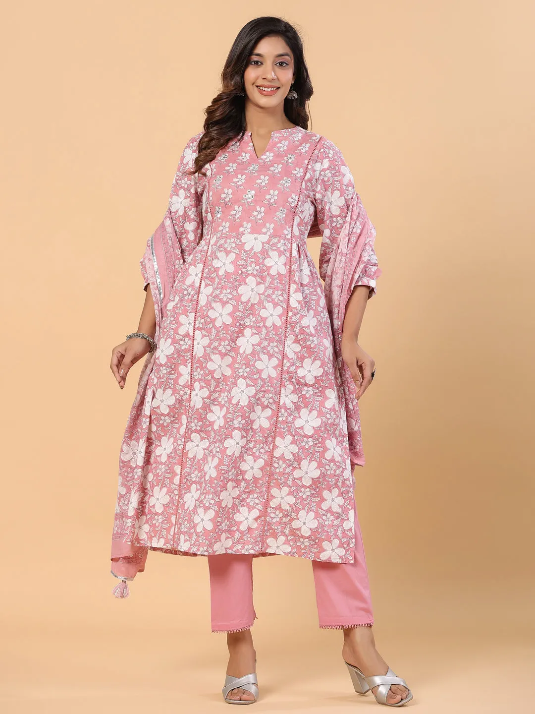 Pink Pure Cotton Floral Print Zari Work Straight Kurta Pant Dupatta Set